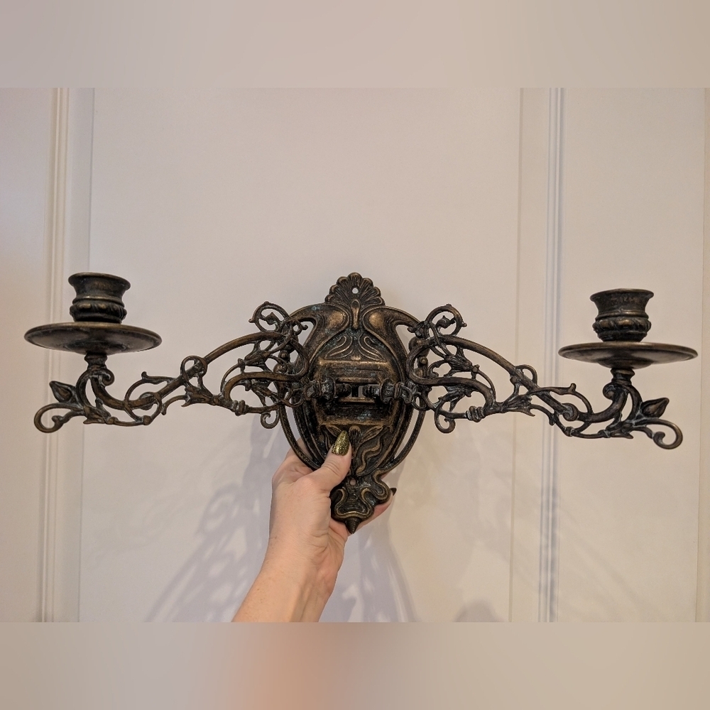 Antique Art Nouveau Double Arm Bronze Wall Sconce For Candlesticks